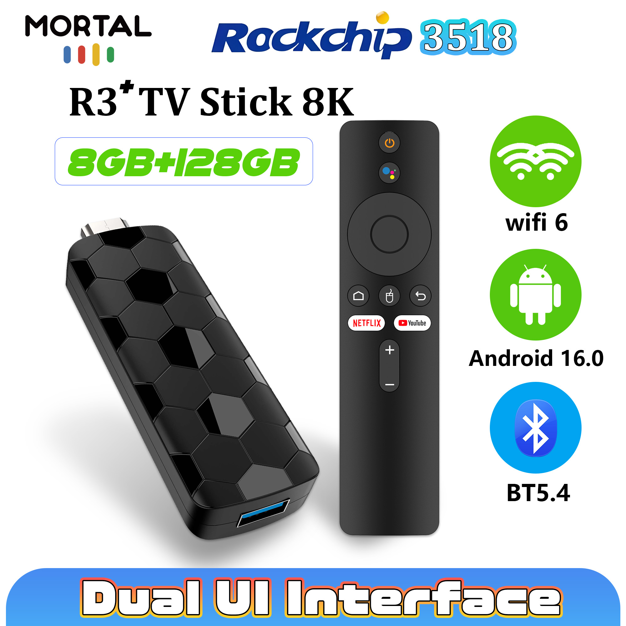 Clé TV Mortal R3+ Android 16 8 - Home Cinema Youtube avis et prix